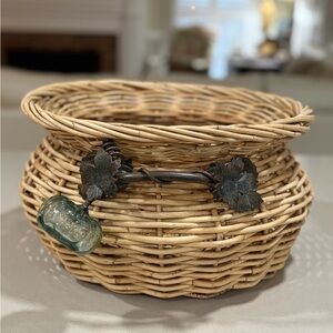 Maitland Smith Wicker Basket with Metal Grapevine Handles, Glass Pumpkin Vintage